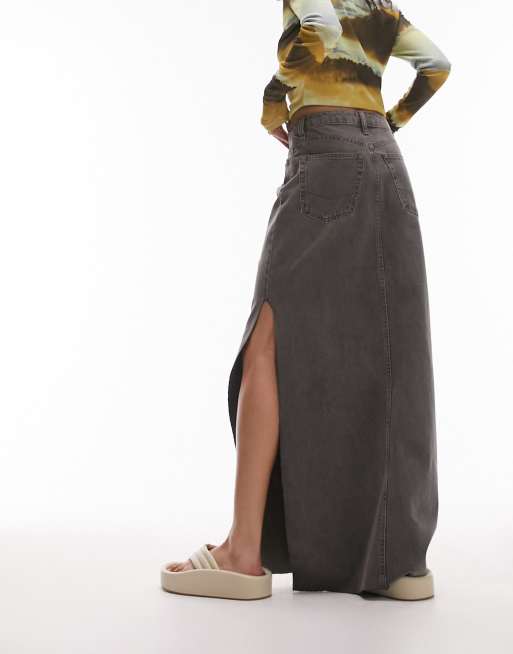 Topshop denim thigh split maxi skirt in gray