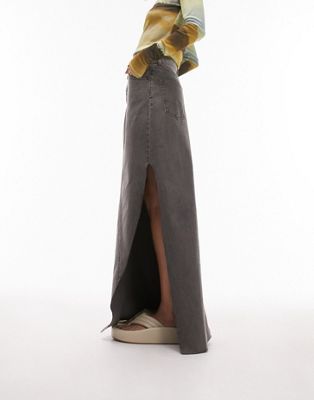 Topshop denim thigh split maxi skirt in grey - ASOS Price Checker