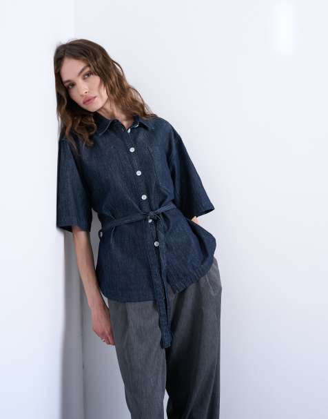 Topshop denim tie back oversized boxy shirt in blue - view 1