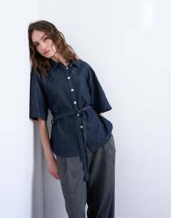 Denim tie back oversized boxy shirt in