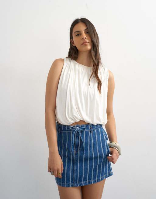 Topshop denim tie dart pelmet mini skirt in blue stripe, 2 of 5