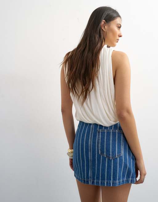 Topshop denim tie dart pelmet mini skirt in blue stripe, 5 of 5