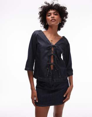 denim tie up front top with three quarter length sleeves in indigo-Blue