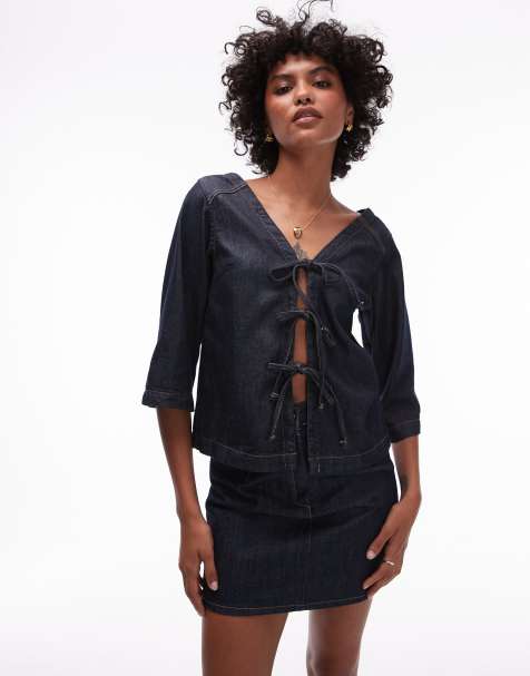 Topshop denim tie up front top with three quarter length sleeves in indigo  - view 1
