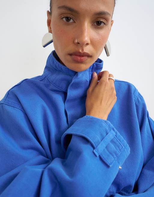 Topshop denim top med ståkrave og bubble-kant i kobolt, 2 af 4