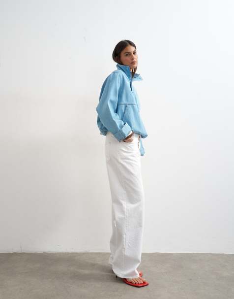 Topshop - Denim top met opstaande boord en pofzoom in bleekwassing - view 1