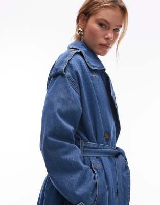 Topshop Denim Trench Coat In Blue