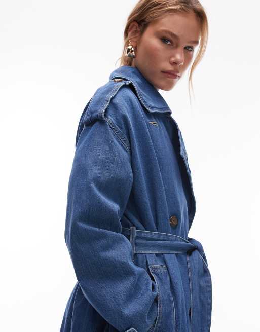 Topshop denim trench coat in mid blue, 2 of 4