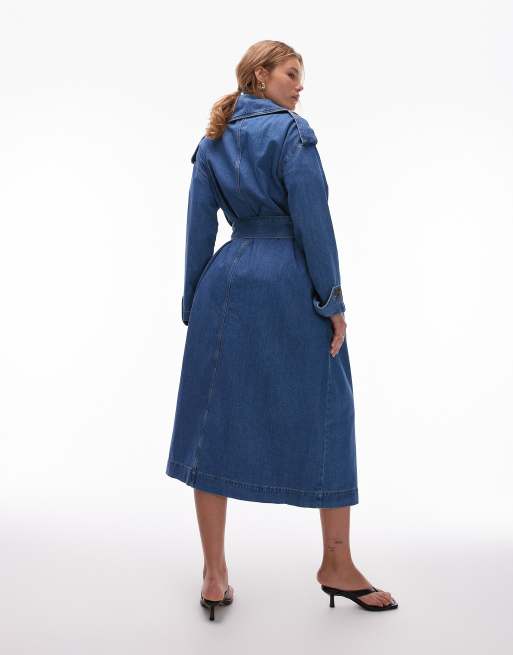 Topshop denim trench coat in mid blue, 3 of 4
