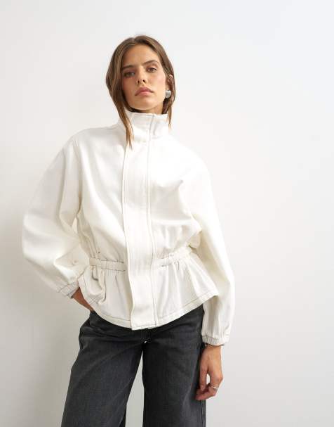Topshop denim-træningsjakke med elastisk talje og ståkrave i benhvid - view 1