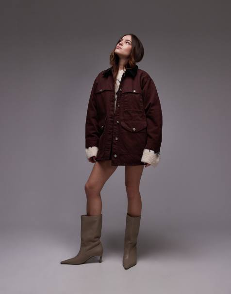 Topshop denim trucker jacket with contrast corduroy collar in burgundy - view 1