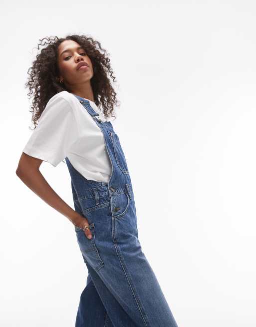 Topshop - Denim tuinbroek met kruisarcering in middenblauw, 2 van 4