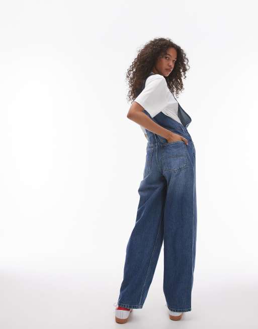 Topshop - Denim tuinbroek met kruisarcering in middenblauw, 3 van 4