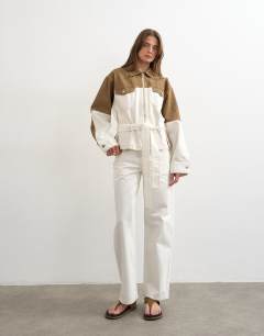 Denim two-toned cinch jacket in ecru and brown