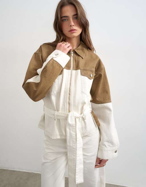 Topshop denim two-toned cinch jacket in ecru and brown, 2 of 4