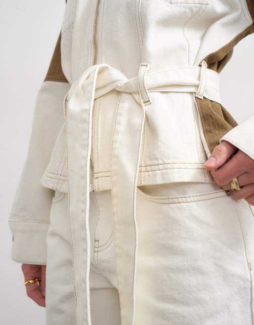 Topshop denim two-toned cinch jacket in ecru and brown, 3 of 4