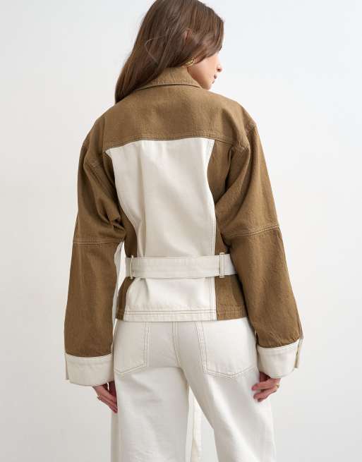 Topshop denim two-toned cinch jacket in ecru and brown, 4 of 4