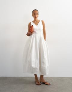 Denim v neck barrel midi dress in bone
