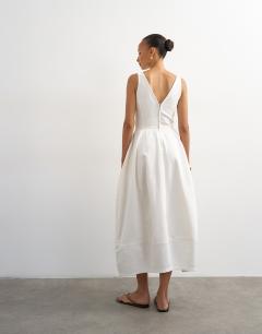 Model wearing Denim v neck barrel midi dress in bone