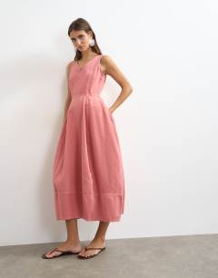 Denim v neck barrel midi dress in pink