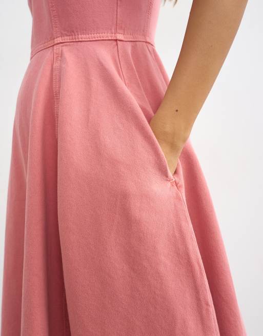 Topshop denim v neck barrel midi dress in pink, 4 of 4