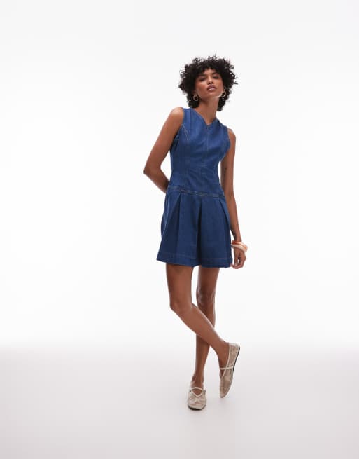 Topshop denim v neck box pleat mini dress in mid blue, 2 of 4