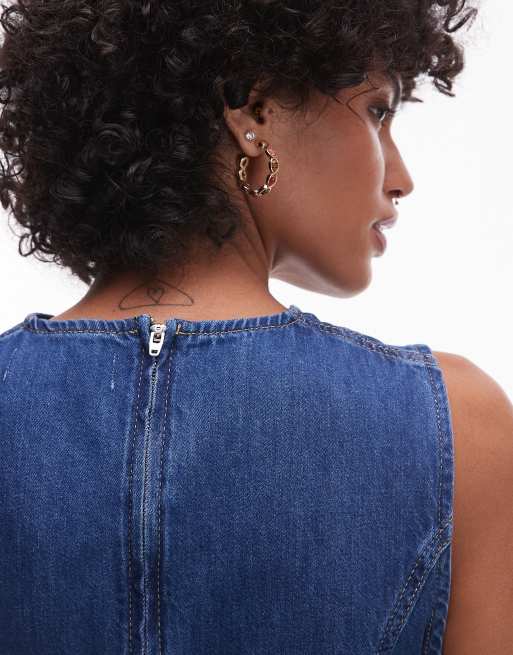 Topshop denim v neck box pleat mini dress in mid blue, 4 of 4