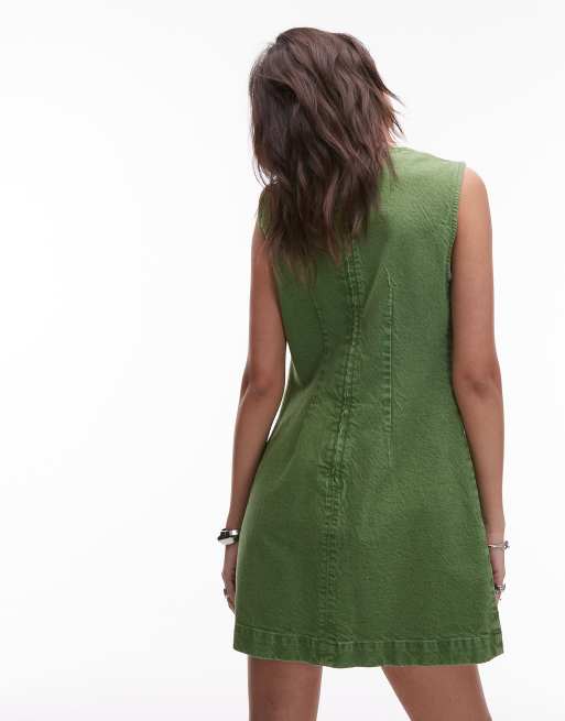 Topshop denim v neck mini dress in green, 2 of 4
