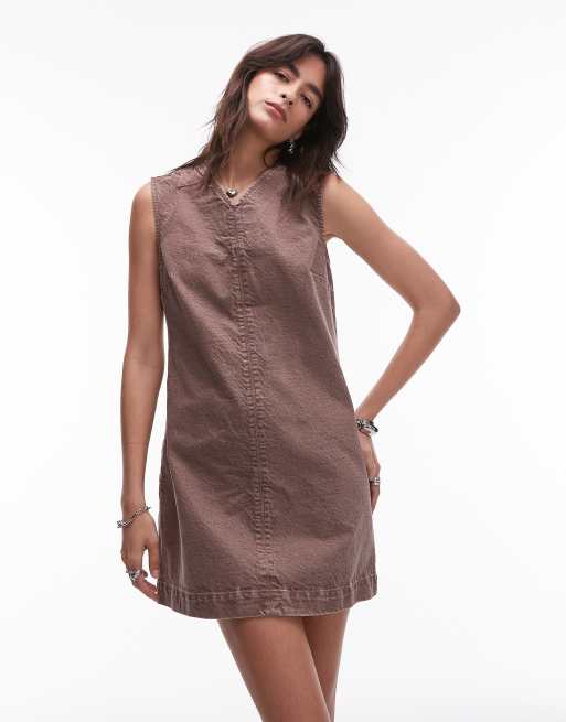 Topshop denim v neck mini dress in otter brown, 4 of 4