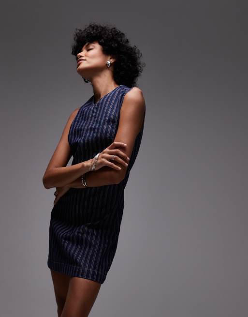 Topshop denim V-neck mini dress in red and indigo stripe, 2 of 4