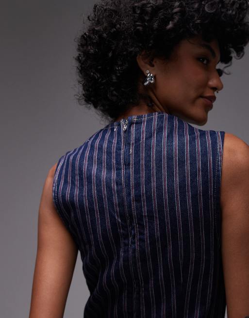 Topshop denim V-neck mini dress in red and indigo stripe, 3 of 4