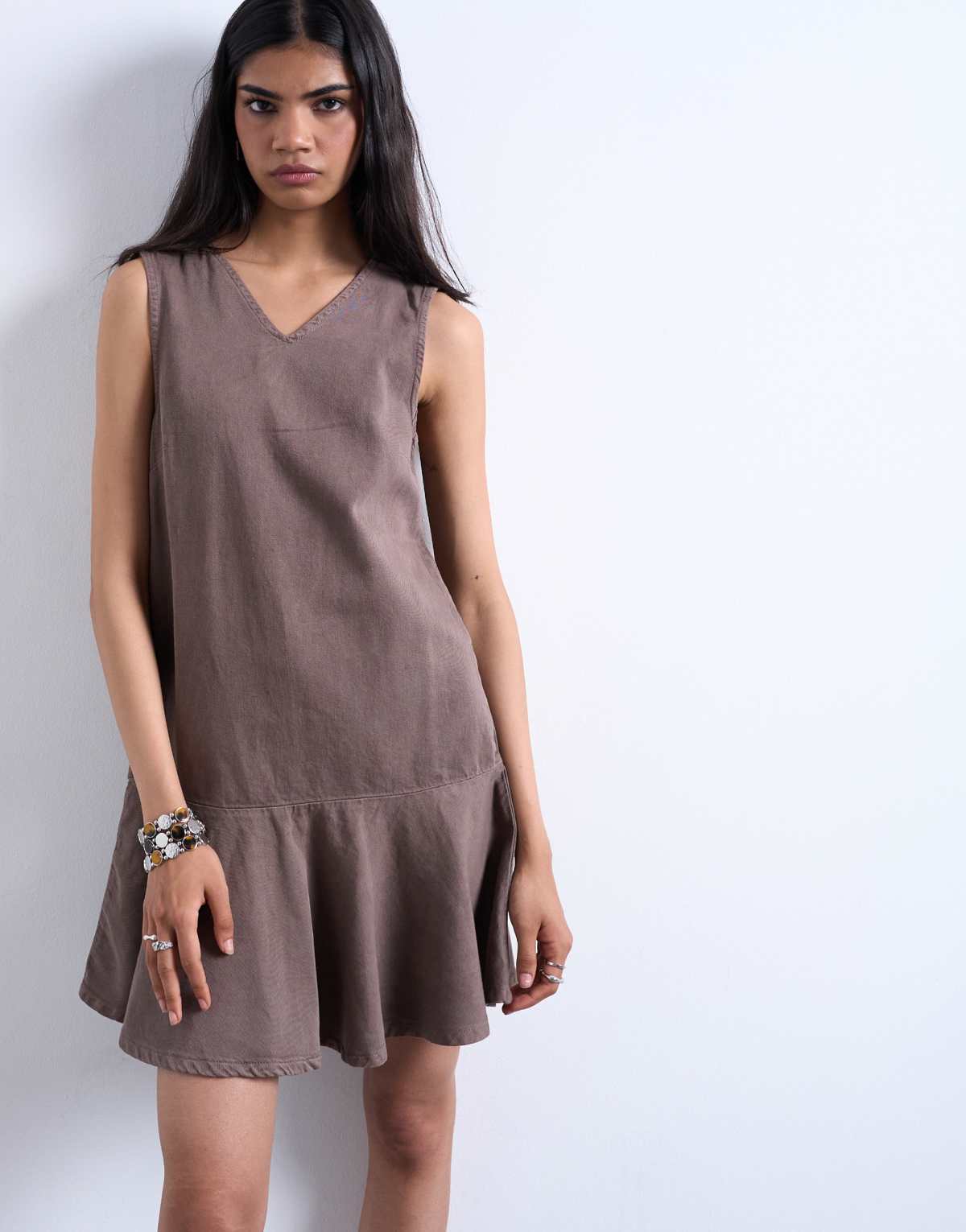 Topshop denim v neck peplum mini dress in brown