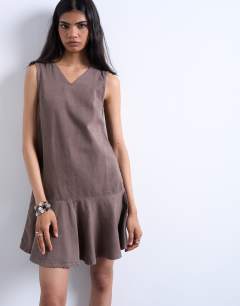 Denim v neck peplum mini dress in brown
