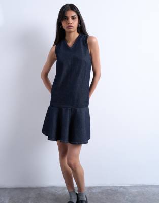 Topshop Denim V-neck Peplum Mini Dress In Blue