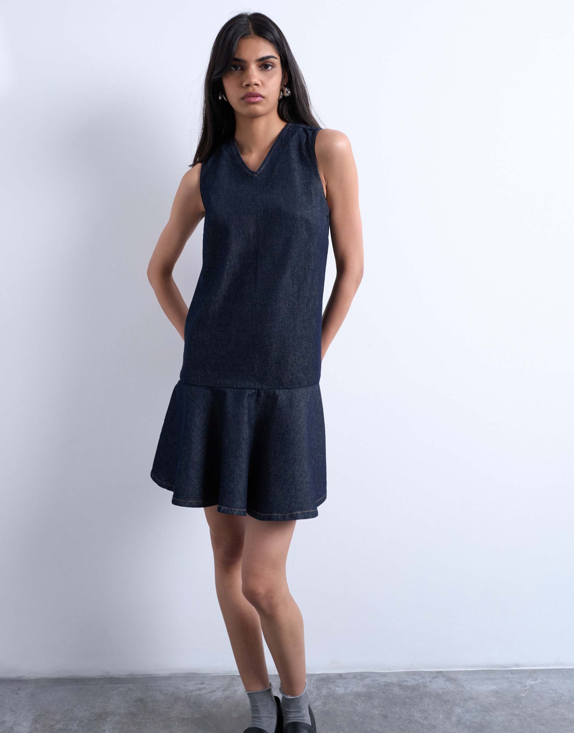 topshop denim v-neck peplum mini dress in indigo rinse