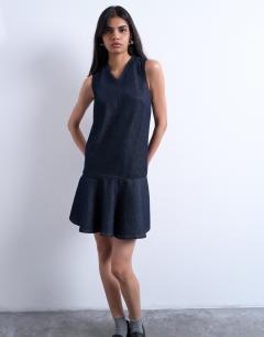 Denim v neck peplum mini dress in indigo rinse