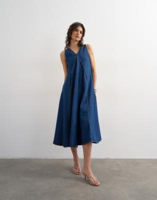 Topshop Denim V Neck Seamed Full Maxi Dress In Blue