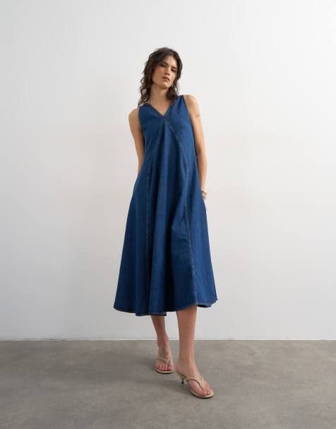 Topshop denim v neck seamed full maxi dress in rich blue - view 1