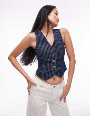 denim vest with cinch back in stripe indigo-Blue