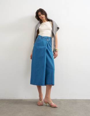 Denim wrap circle midi skirt in mid blue