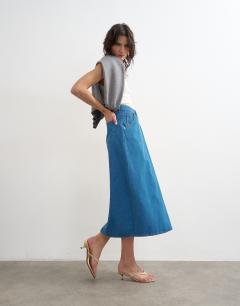 Model wearing Denim wrap circle midi skirt in mid blue