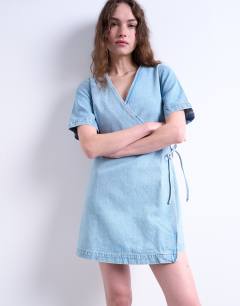 Denim wrap mini dress in bleach