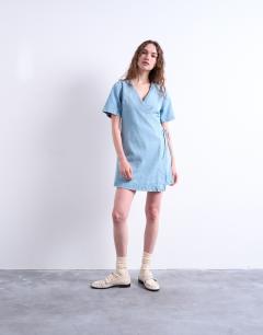 Model wearing Denim wrap mini dress in bleach