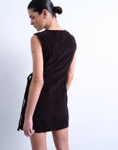 Model wearing Denim wrap mini dress in chocolate