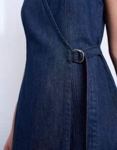 Model wearing Denim wrap mini dress in indigo rinse