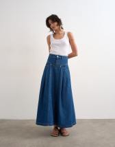 Topshop denim yoke pleated maxi skirt in rich blue