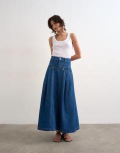 Denim yoke pleated maxi skirt in rich blue