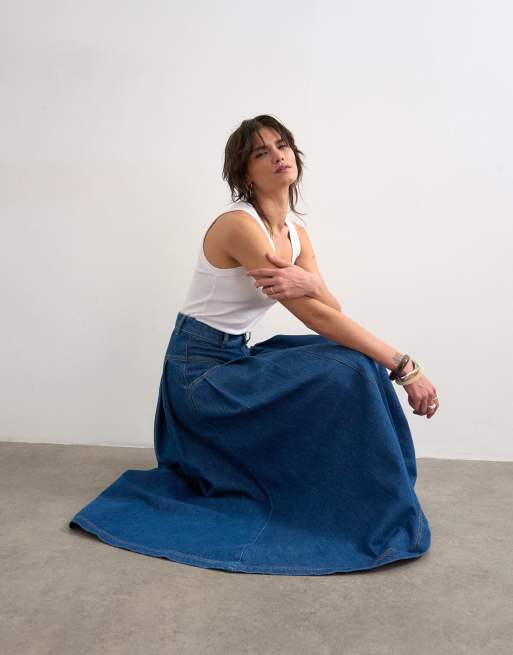 Topshop denim yoke pleated maxi skirt in rich blue, 2 of 5