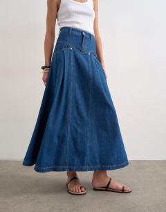 Model wearing Denim yoke pleated maxi skirt in rich blue