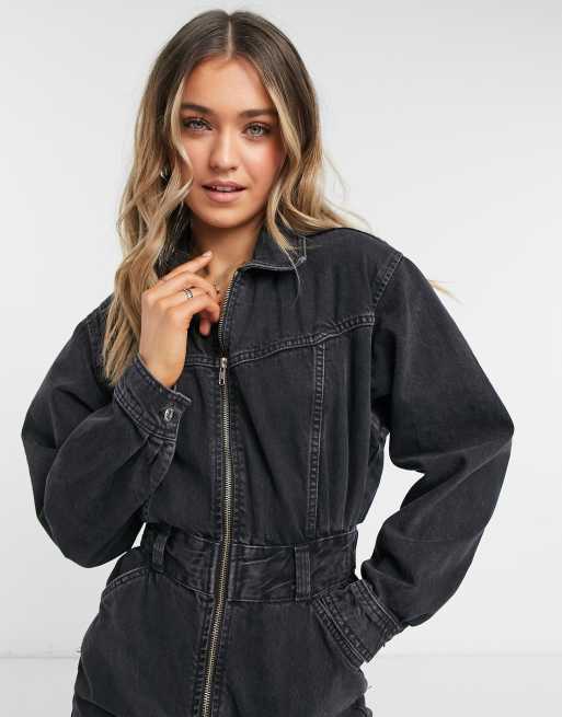 Black zip clearance up denim dress